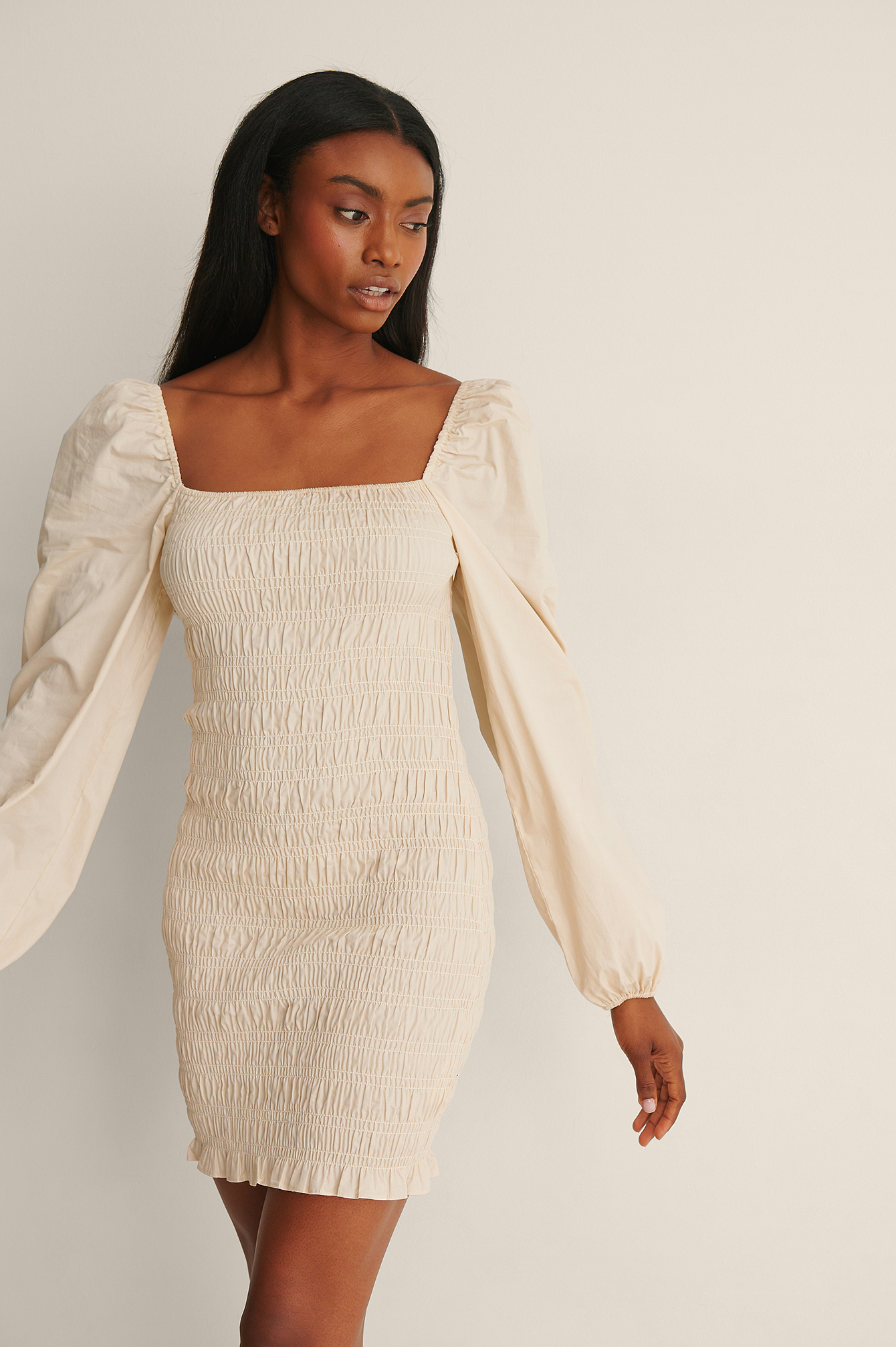 Smocked Cotton Mini Dress Beige | na-kd.com
